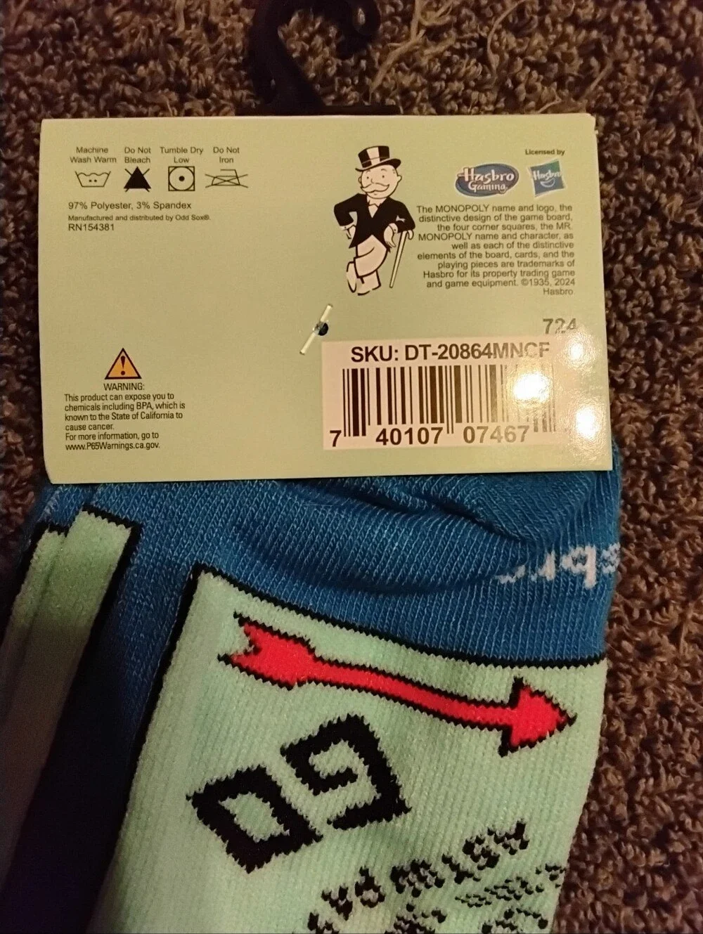 Hasbro Monopoly Blue Crew Socks with Mint & Orange Accents